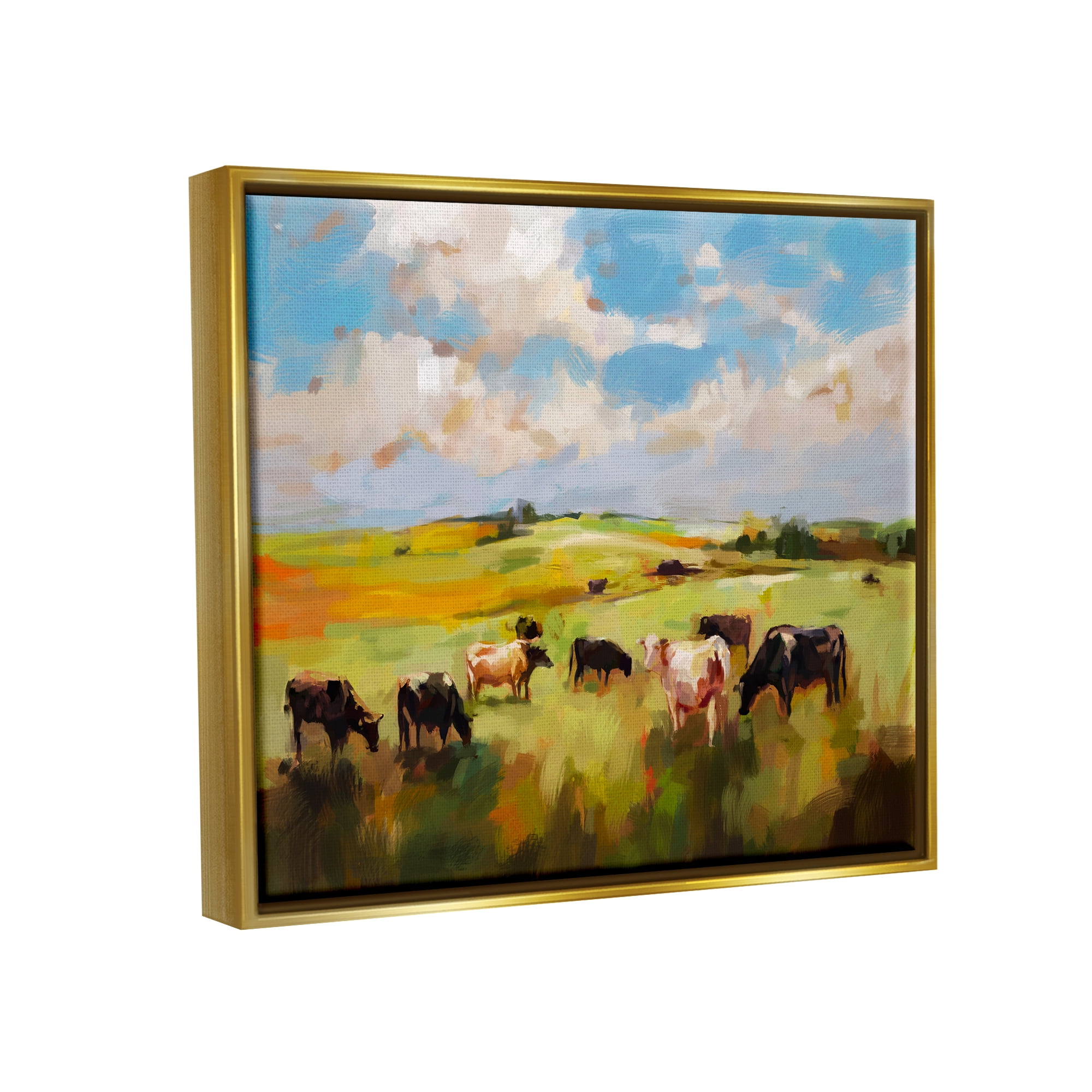Stupell Industries Cows Grazing Painting Landscape Painting Gold Floater Framed Canvas Art Print Wall Art, 21 x 17