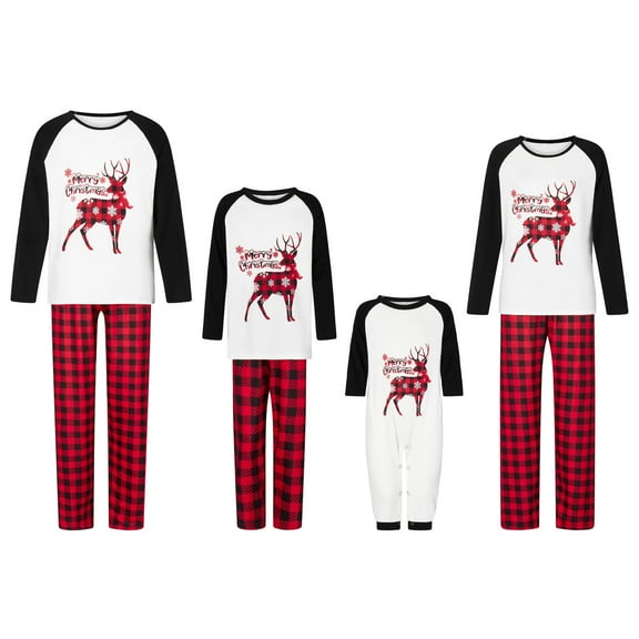 MIPREWUY Christmas Family Pajamas Matching Set Elk Print Long Sleeve Tops and Plaid Pants Loungewear Soft Sleepwear