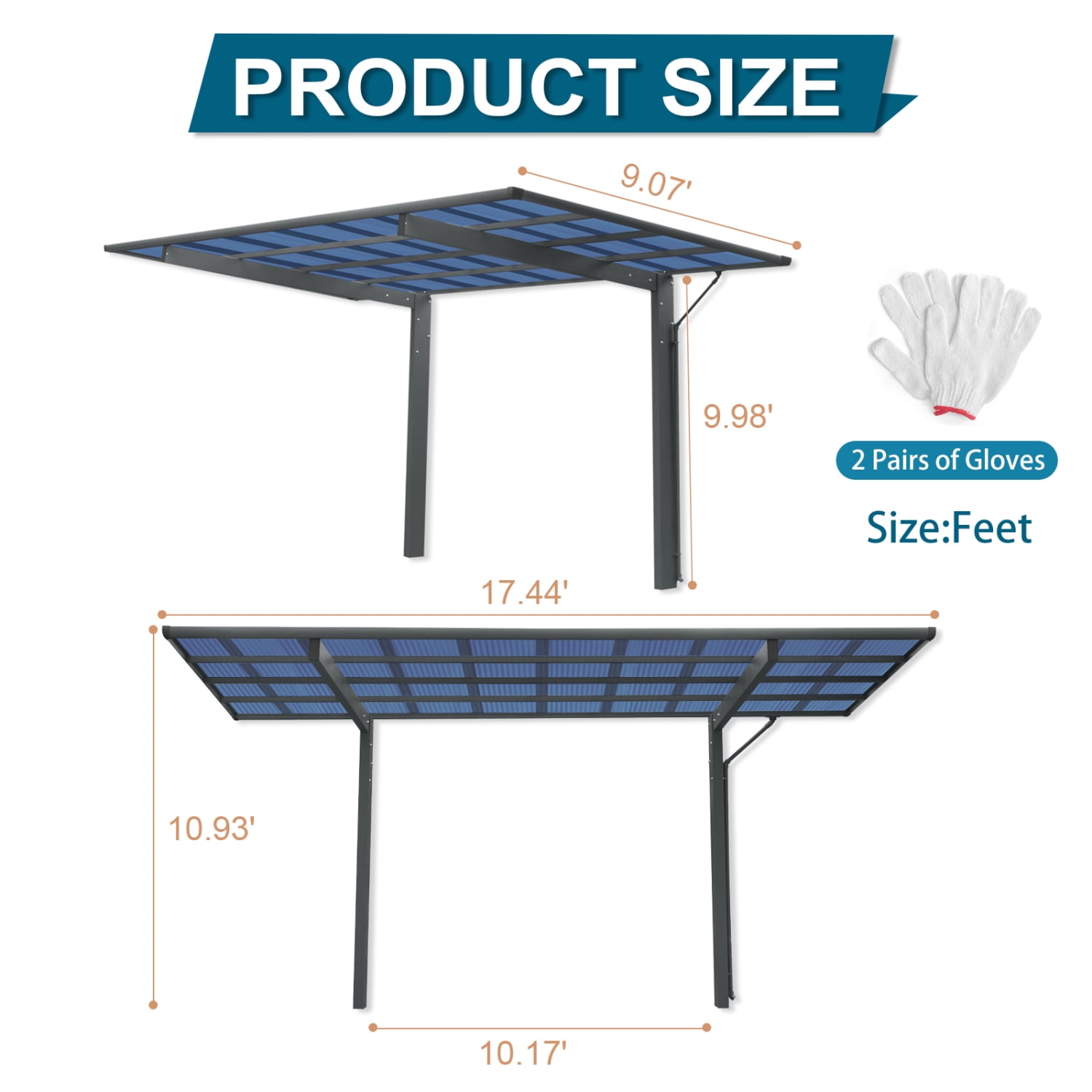 Miekor Furniture Outdoor Carport, 17.44FT*9FT*11FT Single Carport Aluminum Metal Frame and Polycarbonate Panels Car Port for Outdoor Driveway Car, Truck MK5607