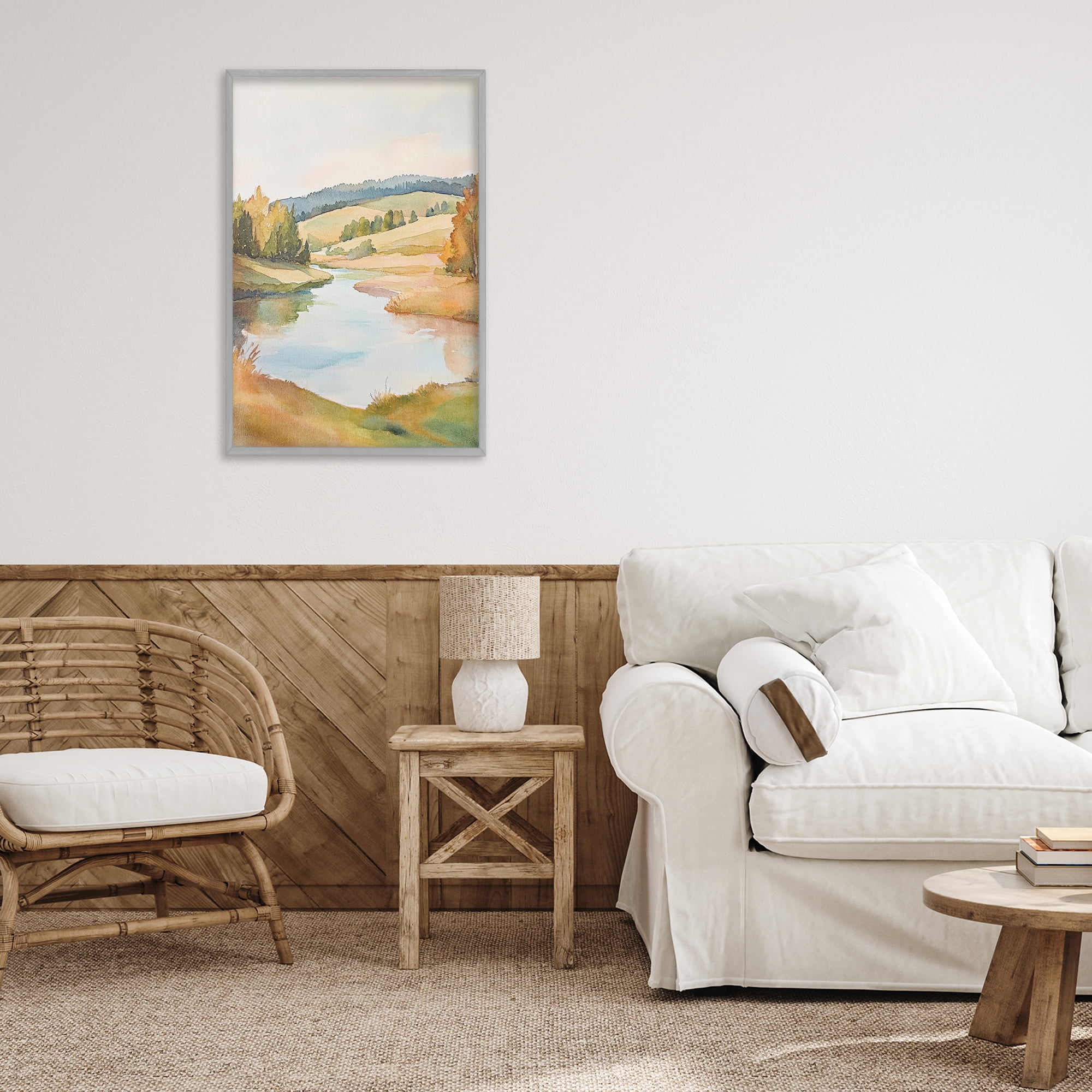 Stupell Industries Serene Watercolor Lake Escape Gray Framed Giclee Art, design by Petal Prints Design