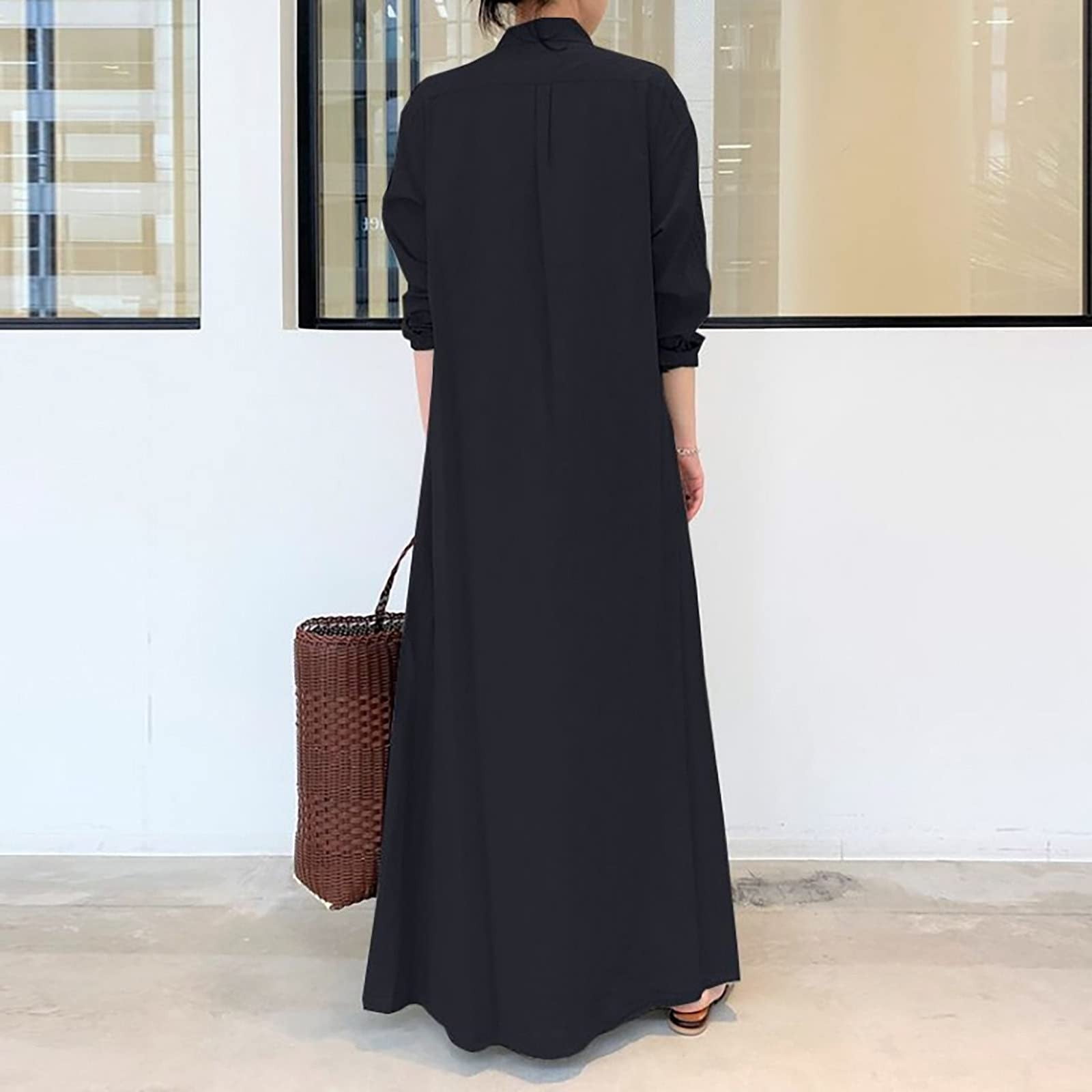 Womens Dress Shirt Dress Long Sleeve Ladies Loose Long Sleeve Printed Cotton Long Dress with Pockets Adult Female Clothes Black Size XL Walmart