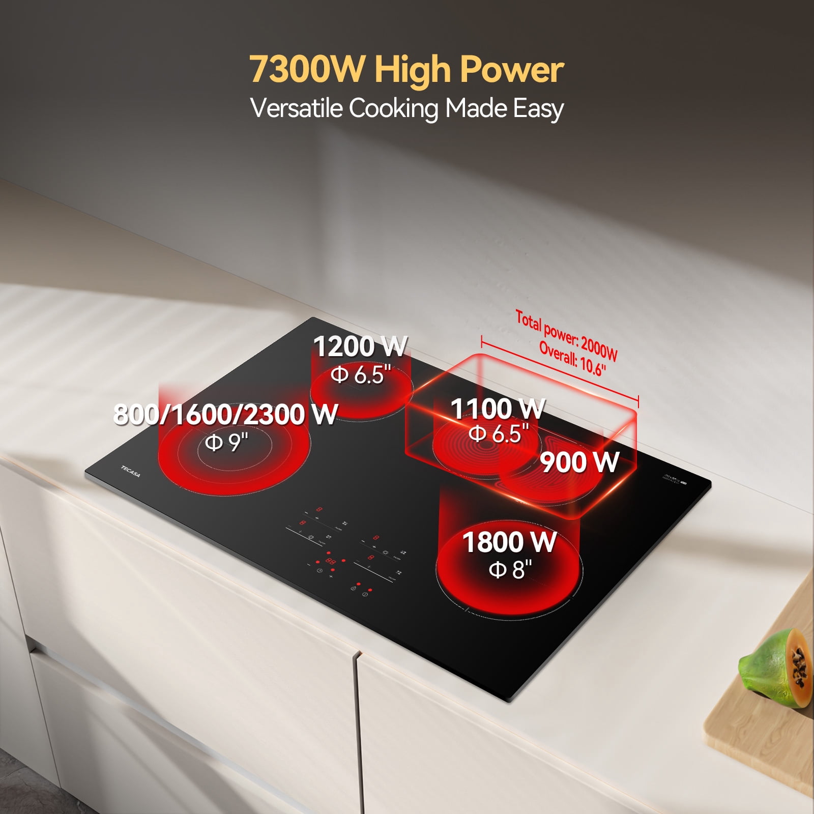 Tecasa 30 Inch 4 Burners Radiant Electric Cooktop in Black with Bridge Element and Triple Ring Element Touch Control