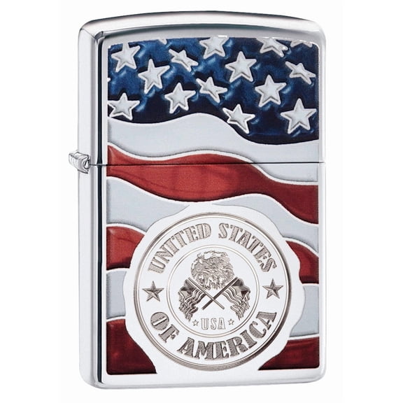 Zippo America Stamp on Flag High Polish Chrome Pocket Lighter