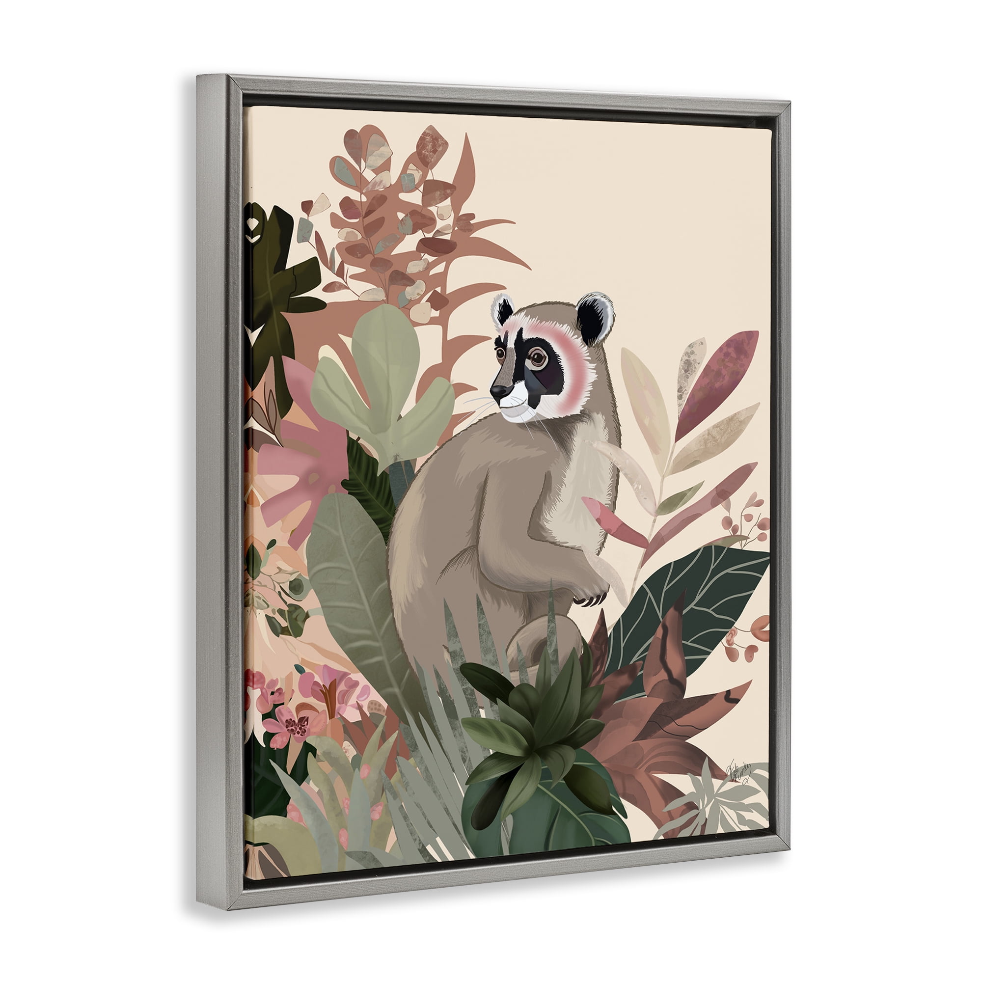 Stupell Industries Lemur & Tropical Plants Animals & Insects Painting Gray Floater Framed Canvas Art Print Wall Art, 25 x 31