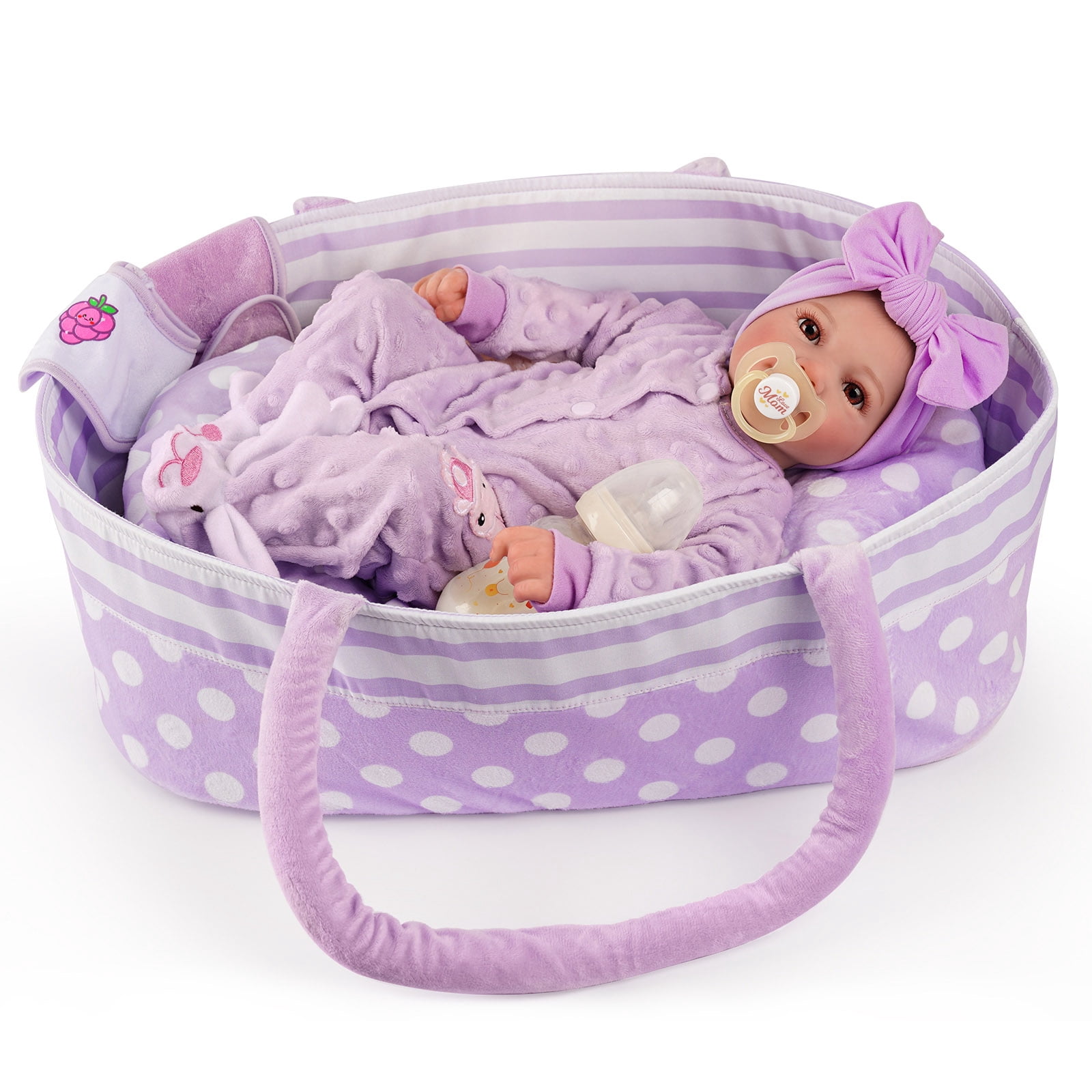 BABESIDE Lifelike Reborn Baby Dolls with Bassinet, 17 Inch Soft Cloth Body Real Life Girl Baby Dolls Soft Vinyl and Cloth Body with Basket & Feeding Kit Gift Box for Kids Age 3+