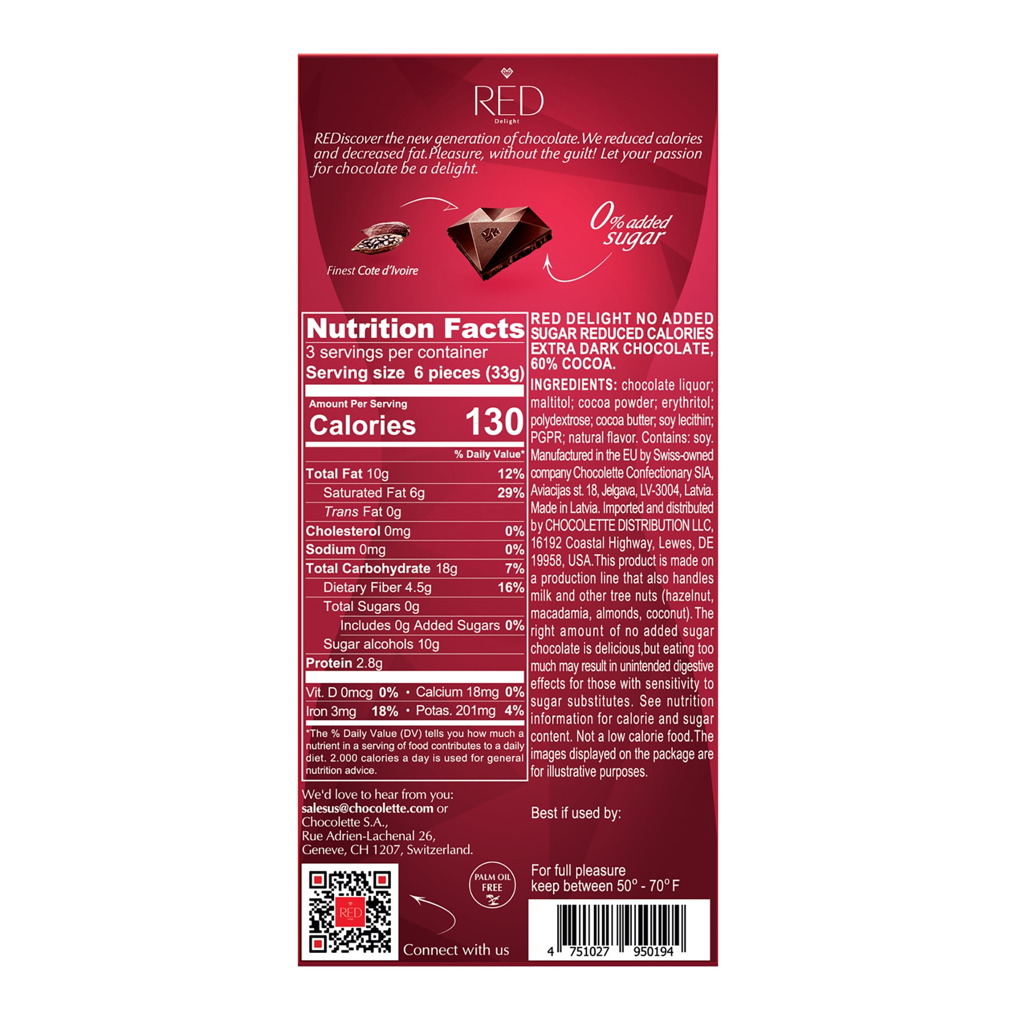 RED Delight Extra Dark Chocolate Full Size Bars (3.53 Ounces Each)