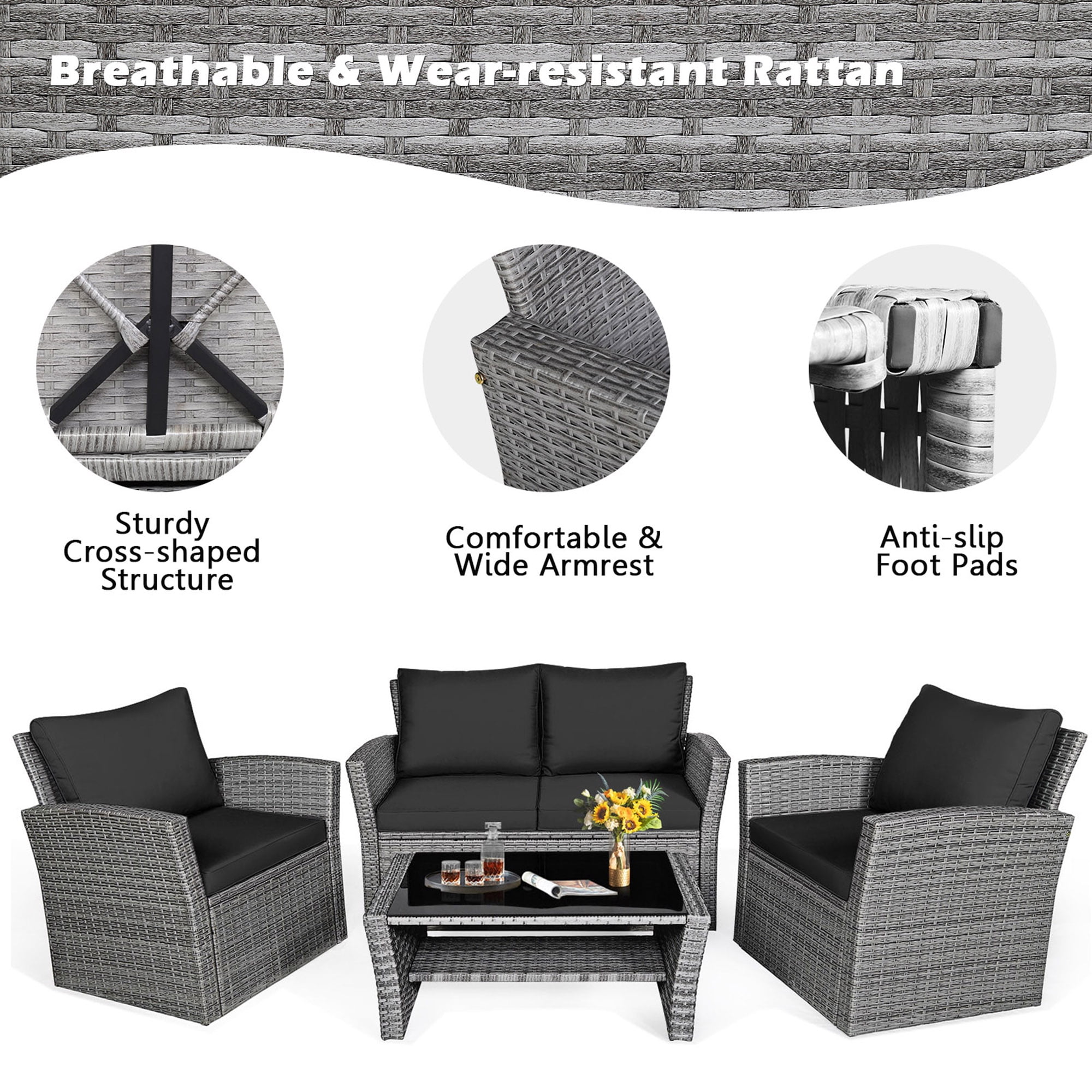 Gymax 4PCS Patio Rattan Conversation Set Outdoor Furniture Set w/ Black Cushions