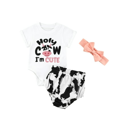 

JINSIJU Baby Girls Romper Outfit Sweet Style Letter Printing Round Collar Short Sleeve Jumpsuit + Cow Print Shorts + Headwear