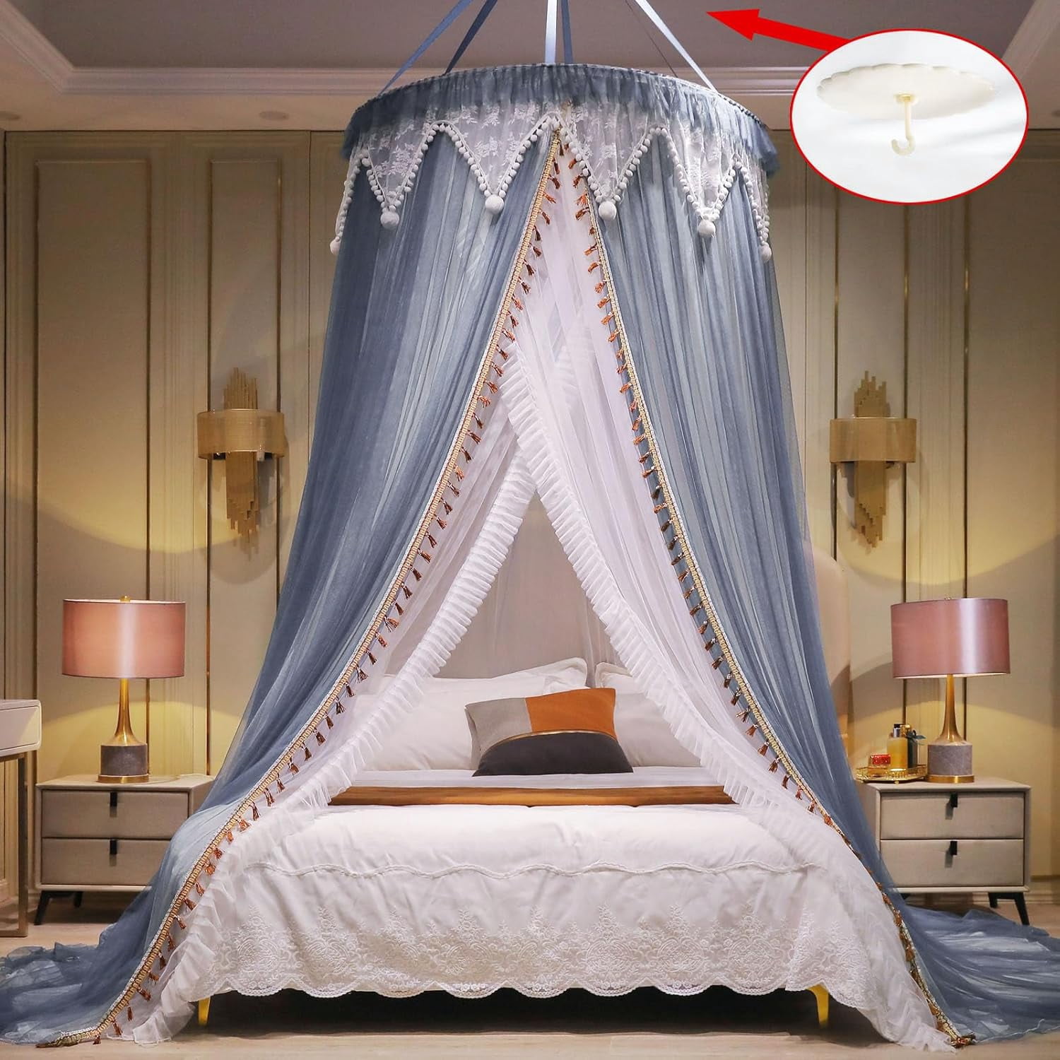 Girls and Adults Canopy Bed, Elegant Double-Layer Bed Curtain, Children's Dream Round Lace Mosquito Net, Princess Canopy Net - Fits Twin, Full, Queen, and King Beds (White/Blue)