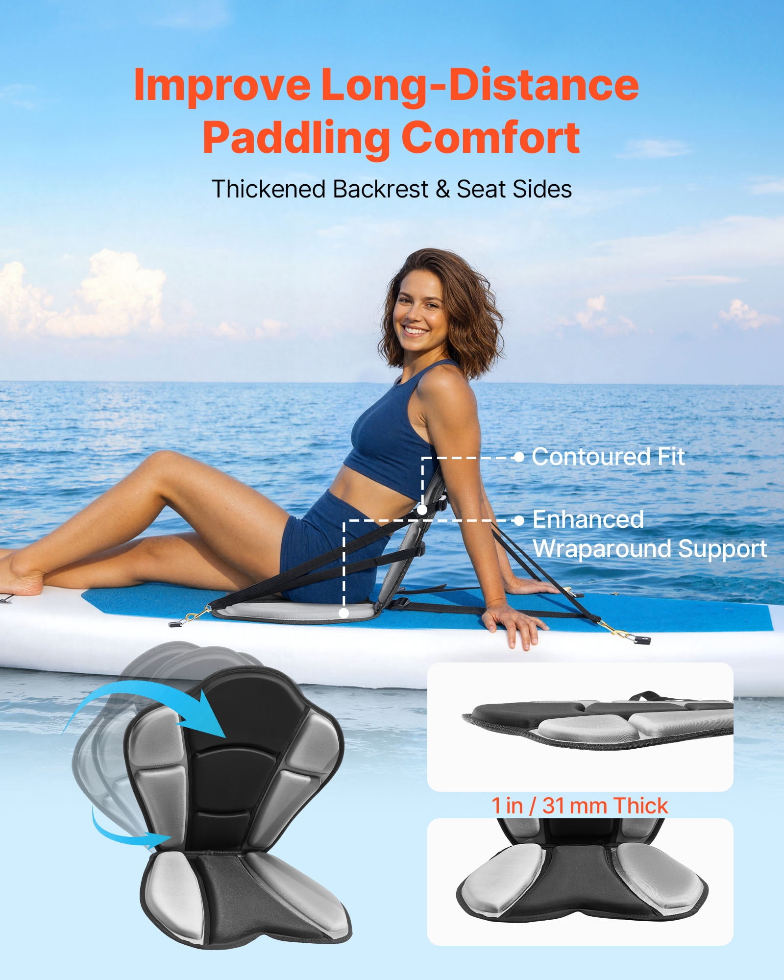 VEVOR Kayak Seat, 1 Pack 1" Thick, Universal Paddle Board Seat with Back Support, Sit-on-Top Soft Padded Cushion with Storage Bag & Adjustable Straps for SUP, Fishing Boat, Inflatable Kayak, Rowboat