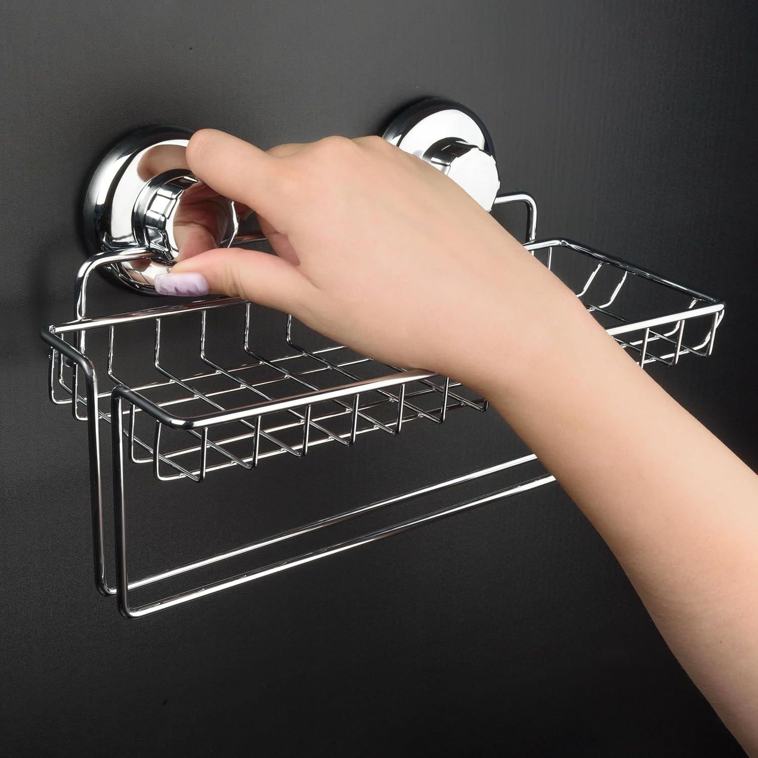 HASKO Suction Cup Paper Towel Holder with Shelf and Hooks - Wall Mount Metal Organizer for Bathroom & Kitchen - SUS 304 Stainless Steel Tissue Roll Hanger - Chrome