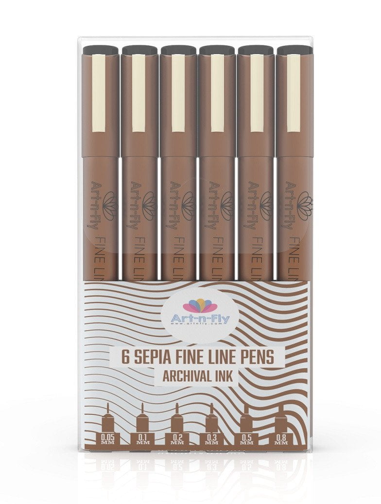 Sepia Fineliner Pens with Archival Ink - Fine Tip Inking Pens Pack of 6
