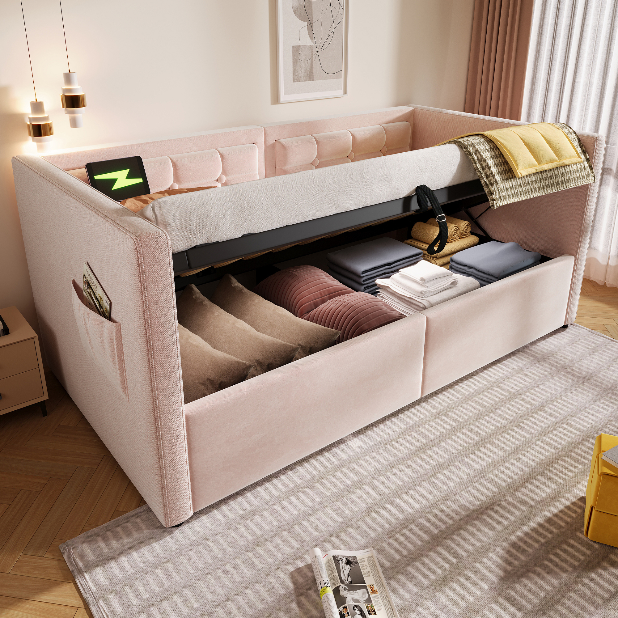 Euroco Upholstered Twin Size Daybed with Hydraulic Storage, Sofa Bed with USB Charging Station, Pink