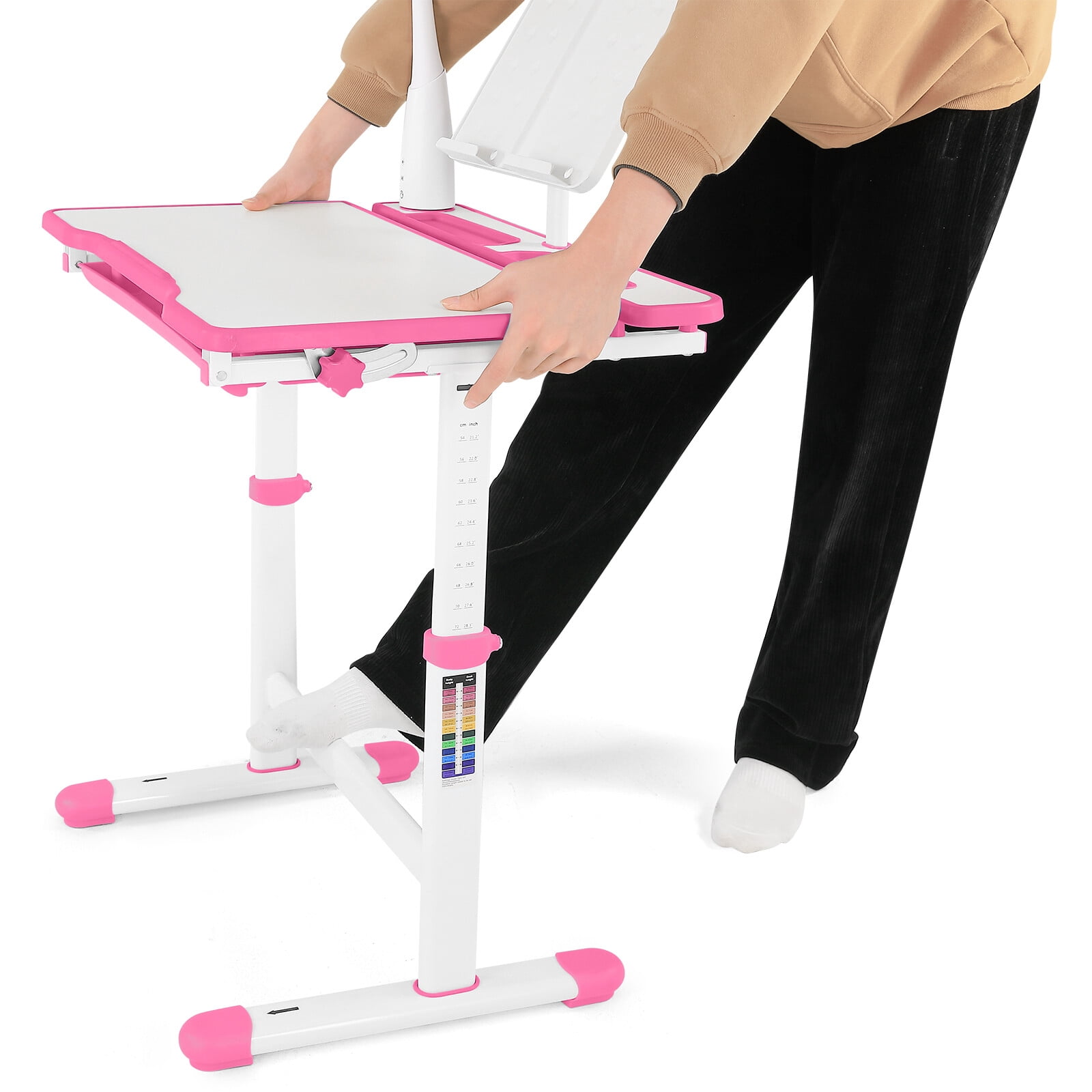 Kids Study Desk and Chair Set Children Height Adjustable Large Writing Board Table with LED Lamp, Drawer, Bookstand (Pink)