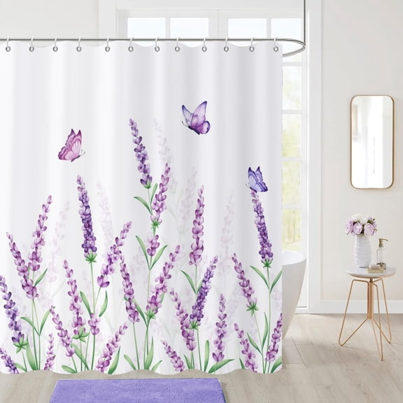 Lavender Floral Shower Curtain, Purple Flower with Butterflies Green Leaf Plants Bathroom Curtain Waterproof Fabric Machine Washable with Hooks, 72" Wx72 L