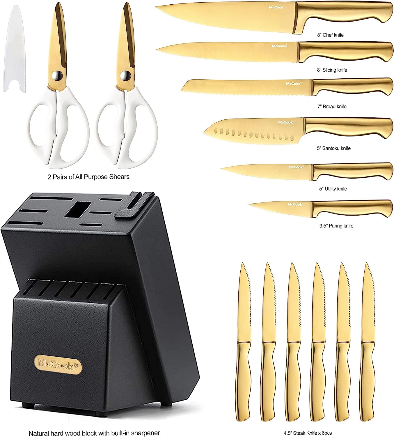 McCook MC21G Knife Sets,15 Pieces Golden Titanium Kitchen Knife Block Sets  with Built-in Sharpener