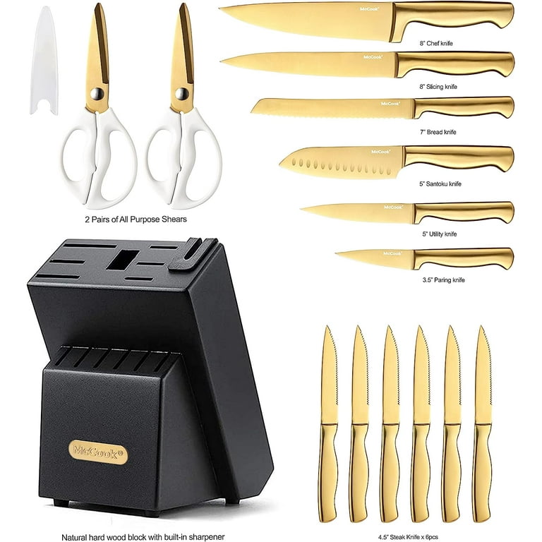 McCook® MC21GB Knife Sets,15 Pieces Luxury Golden Titanium Kitchen Knife  Block Sets with Built-in Sharpener in 2023