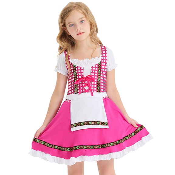 FYMNSI Girls Oktoberfest Dress German Bavarian Dirndl Dresses 3 Piece Beer Festival Outfit Set Pink 3-4 Years
