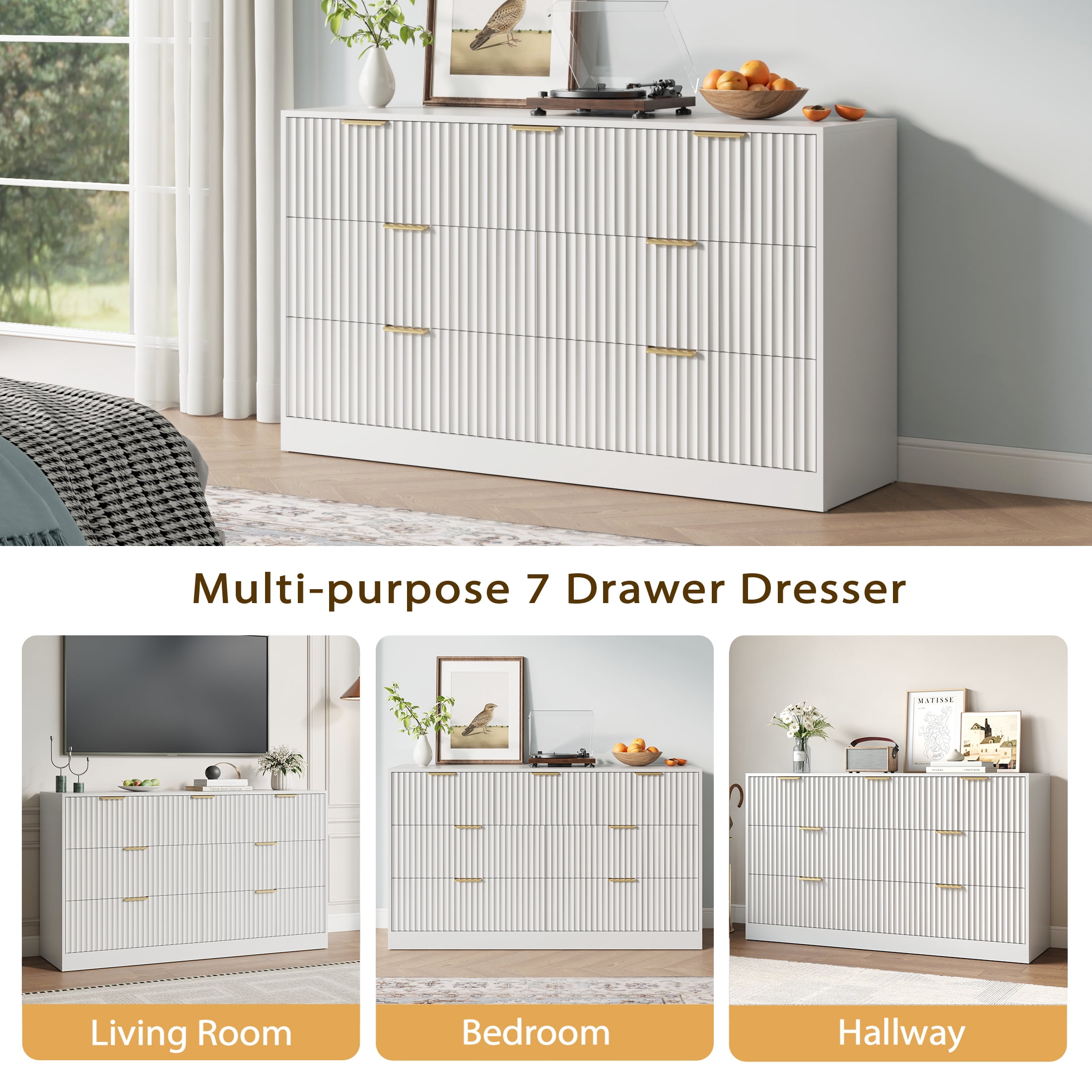 YouTrend 55.1"W Fluted Dressers for Bedroom with 7 Drawers,Modern Chest of Drawer TV Stand for Adults,Wood Clothes Storage for Living Room,White
