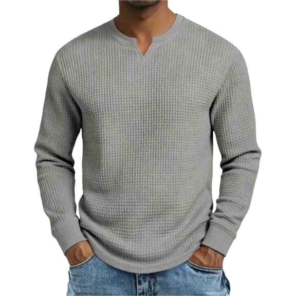 ZCFZJW Men’s Waffle Shirts Lightweight Casual V Neck Long Sleeve Tops Casual Basic Solid Color Athletic T-Shirts Lightweight Knit Pullover Sweaters Gray S