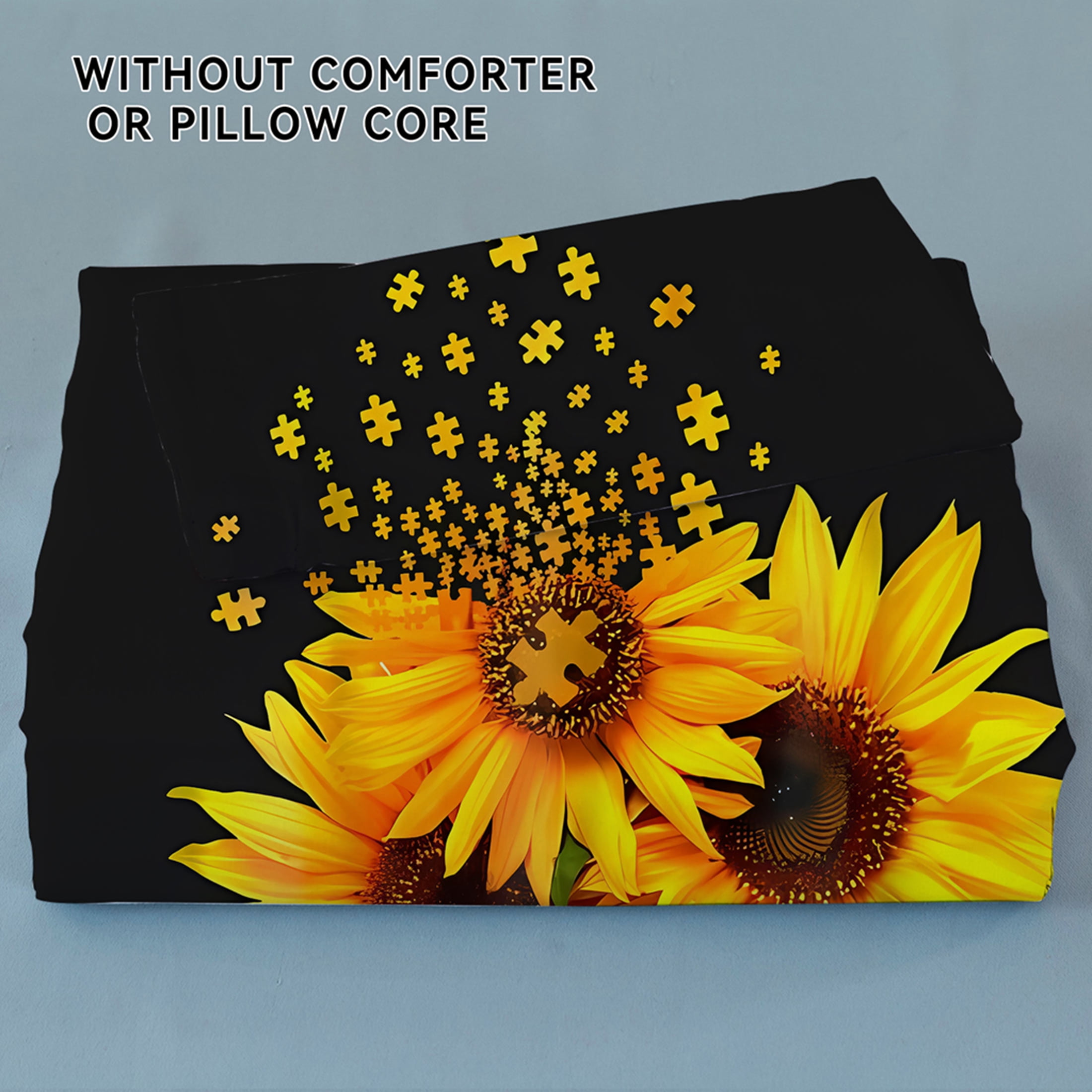 Orylavena Golden Sunflower Sunburst Microfiber Duvet Cover Set, Black Back, Twin