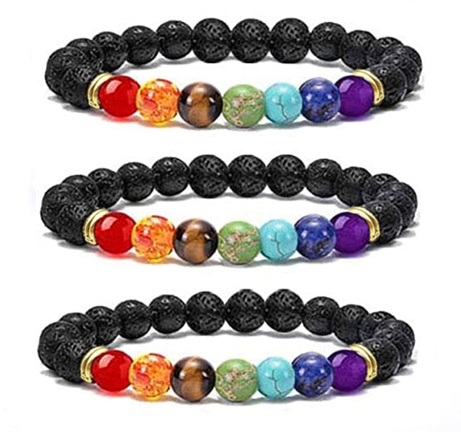 Handmade 8mm black lava stone & chakra healing beads bracelet with gold spacers 7”