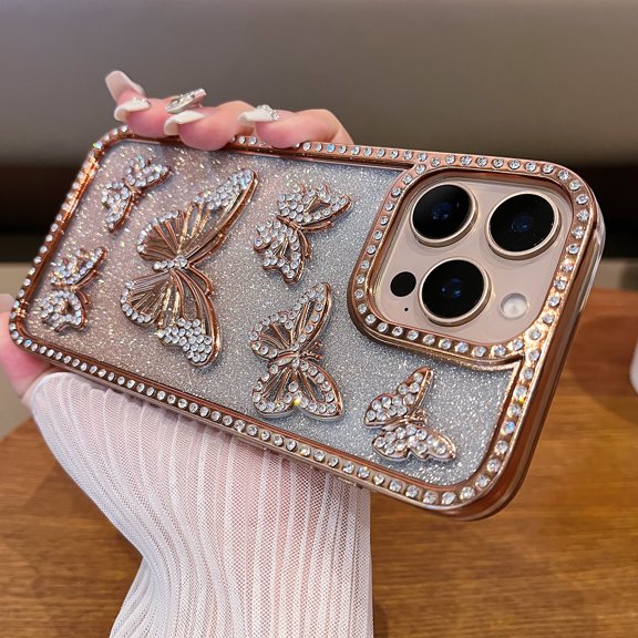 Dteck Diamond Case for iPhone 16 Pro Max, Glitter 3D Butterfly Diamond Camera Protection Shockproof for iPhone 16 Pro Max Case for Women Girls,Gold