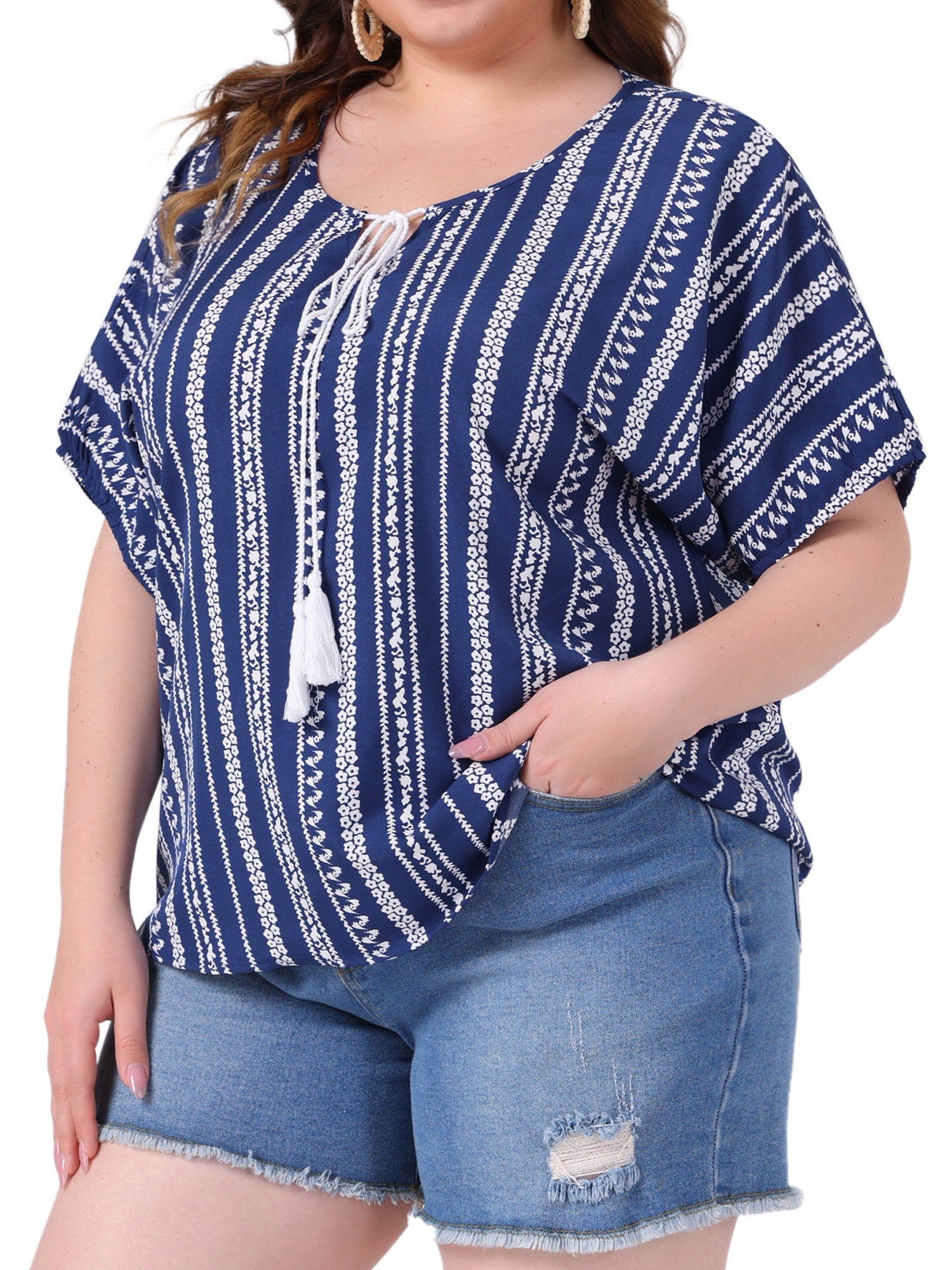 DARING DIVA Women's Plus Boho Tops Floral Tied V Neck Blouse Shirts 1X Navy Blue