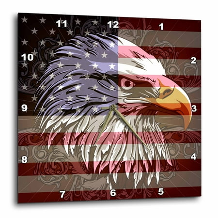 American Eagle Clock 3dRose Ornate Patriotic Bald Eagle and USA American Flag Pride Great for Fourth Of July Independence Day, Wall Clock, 13 by 13-inch ()