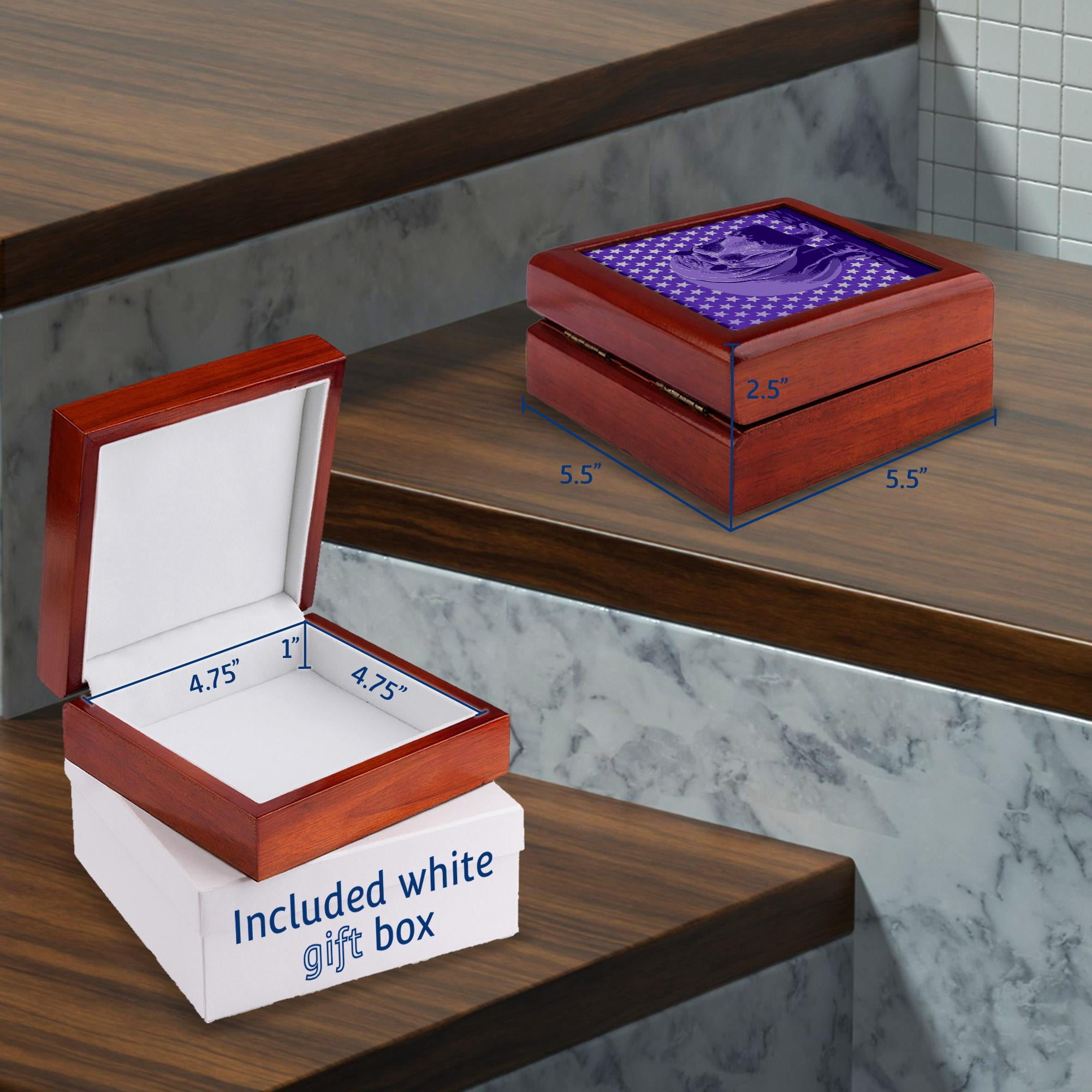 3dRose, Quirky Purple Hippo over Purple and White Tonal Stars Pattern, Jewelry Box 5.5x5.5 inch with 4 inch tile