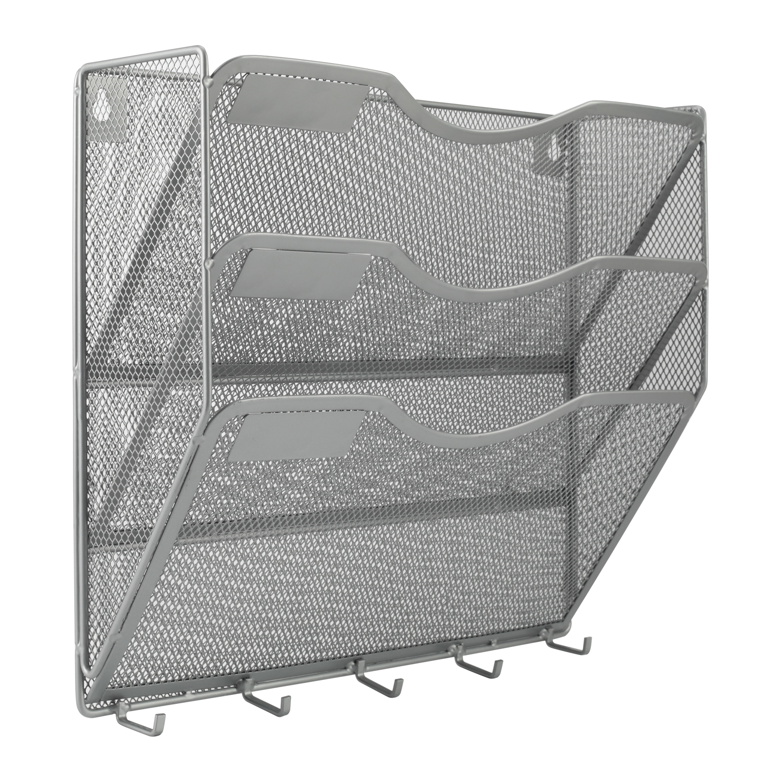 EasyPAG File Organizer Mesh Hanging Wall File Holder 3 Pocket Paper Magazine Rack with Key Hooks,Silver