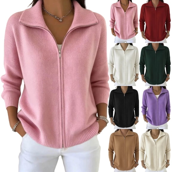 Womenβs Solid Color Collared Zip up Sweater Cardigan Long Sleeve Full Zipper Knit Jacket for Fall Winter Daily Wear S-3XL White