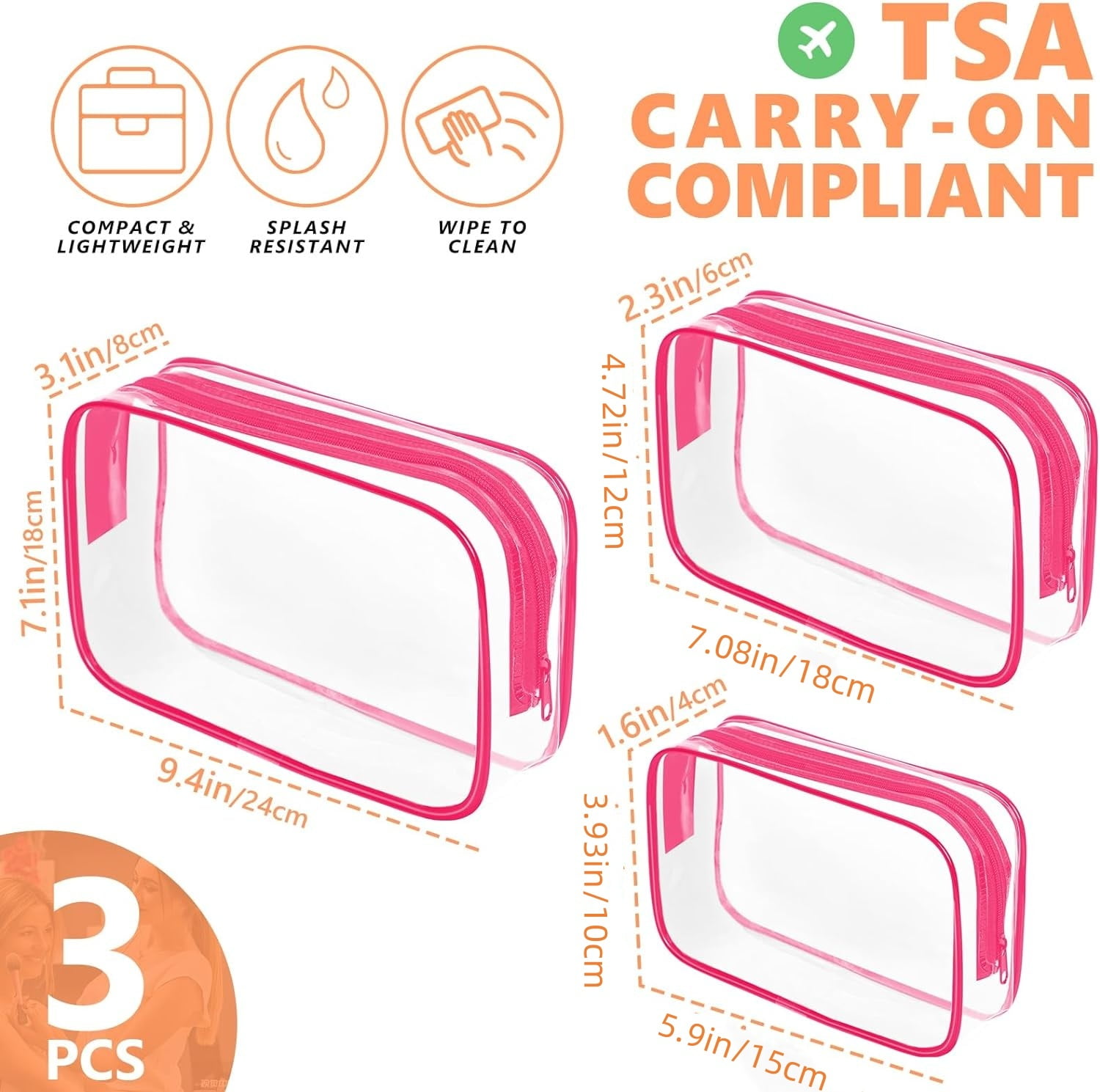 PandaTop 3 Pack Clear Travel Toiletry Bags for Men Women, TSA Approved Toiletry Bag Transparent Portable Travel Makeup Bags Set, Carry on Travel Accessories Bag with Zipper(Red, 3 Size )