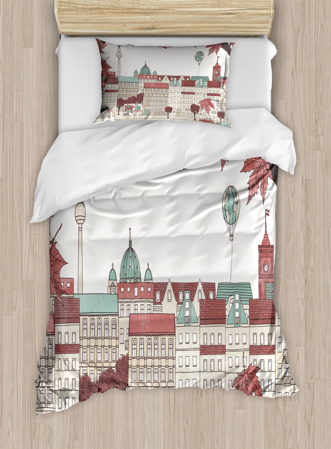 German Twin Size Duvet Cover Set, Autumn in Berlin Colorful Hand Drawn