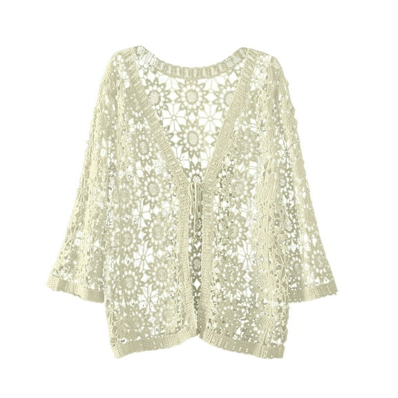 Hpapadks Women Cardigan Crochet Lace Hollowed Out V Neck 3/4 Sleeve Tie Front Solid Open Front Shirt Shrugs for Women Dresses