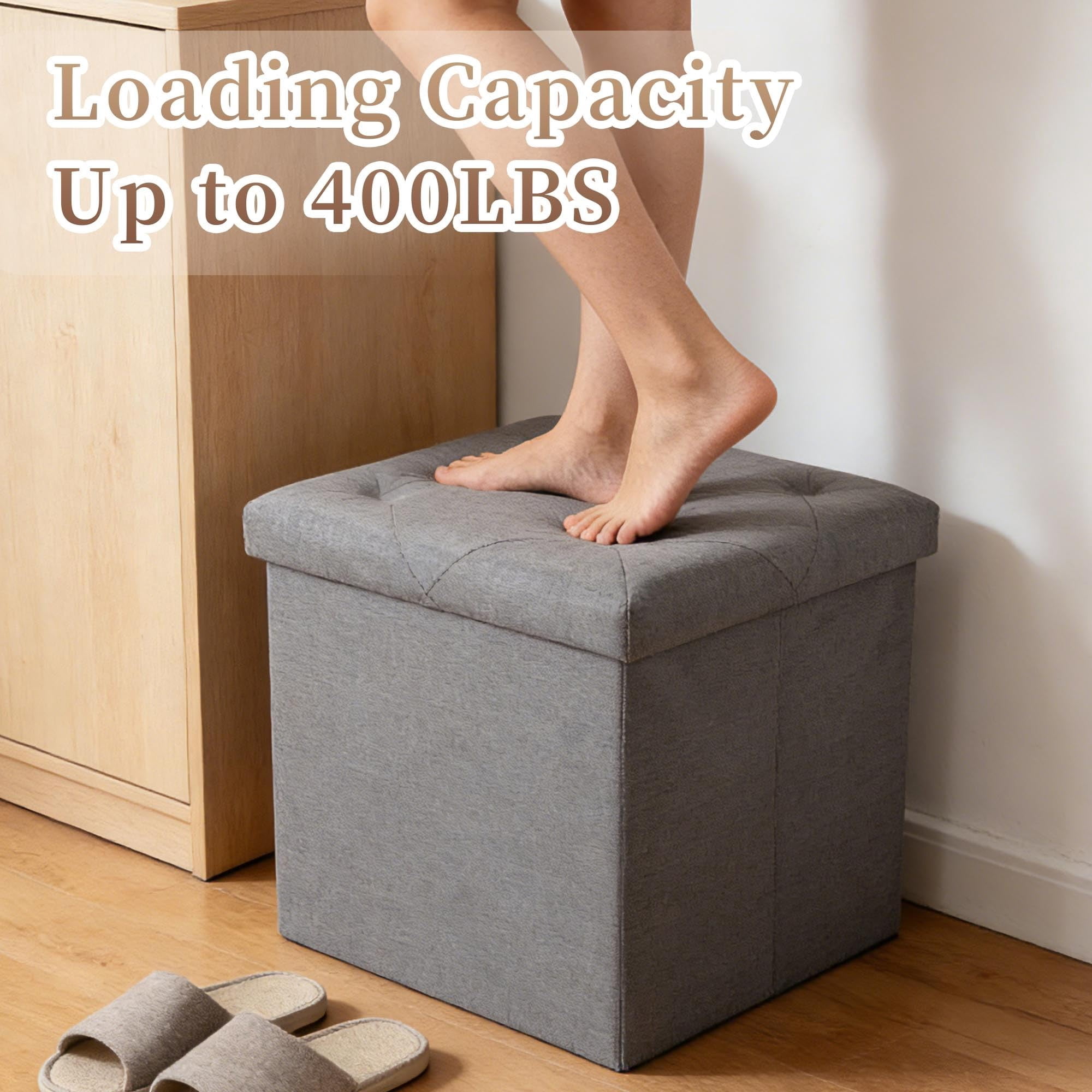 43" 3PCS Storage Ottoman Bench, Folding Storage Bench Ottoman with Lid, 660 lbs Heavy Duty Fabric Seat for Bedroom Living Room Entryway, Grey