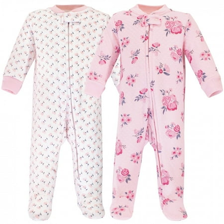 

Hudson Baby Infant Girl Premium Quilted Zipper Sleep and Play 2pk Pink Navy Floral 3-6 Months