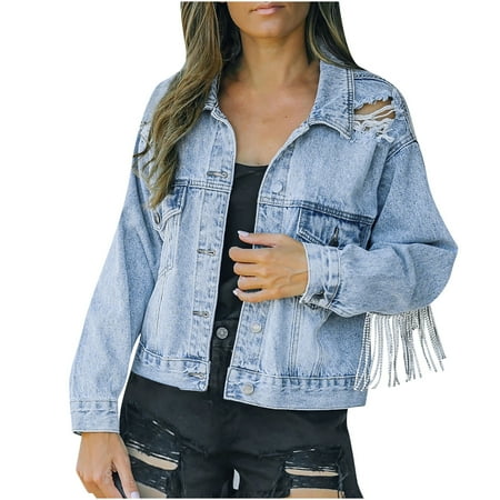 

jsaierl Women’s Fringe Jacket Crop Denim Jacket Tassel Casual Button Front Ripped Jean Jackets