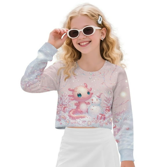 Xixirimido Pink Axolotl Snowman Christmas Kids Crop Tops Girls Long Sleeve T-Shirts Printed Fashion Cropped Sweatshirt Crew Neck Pullover Top Fall Clothes for 5-6 Years