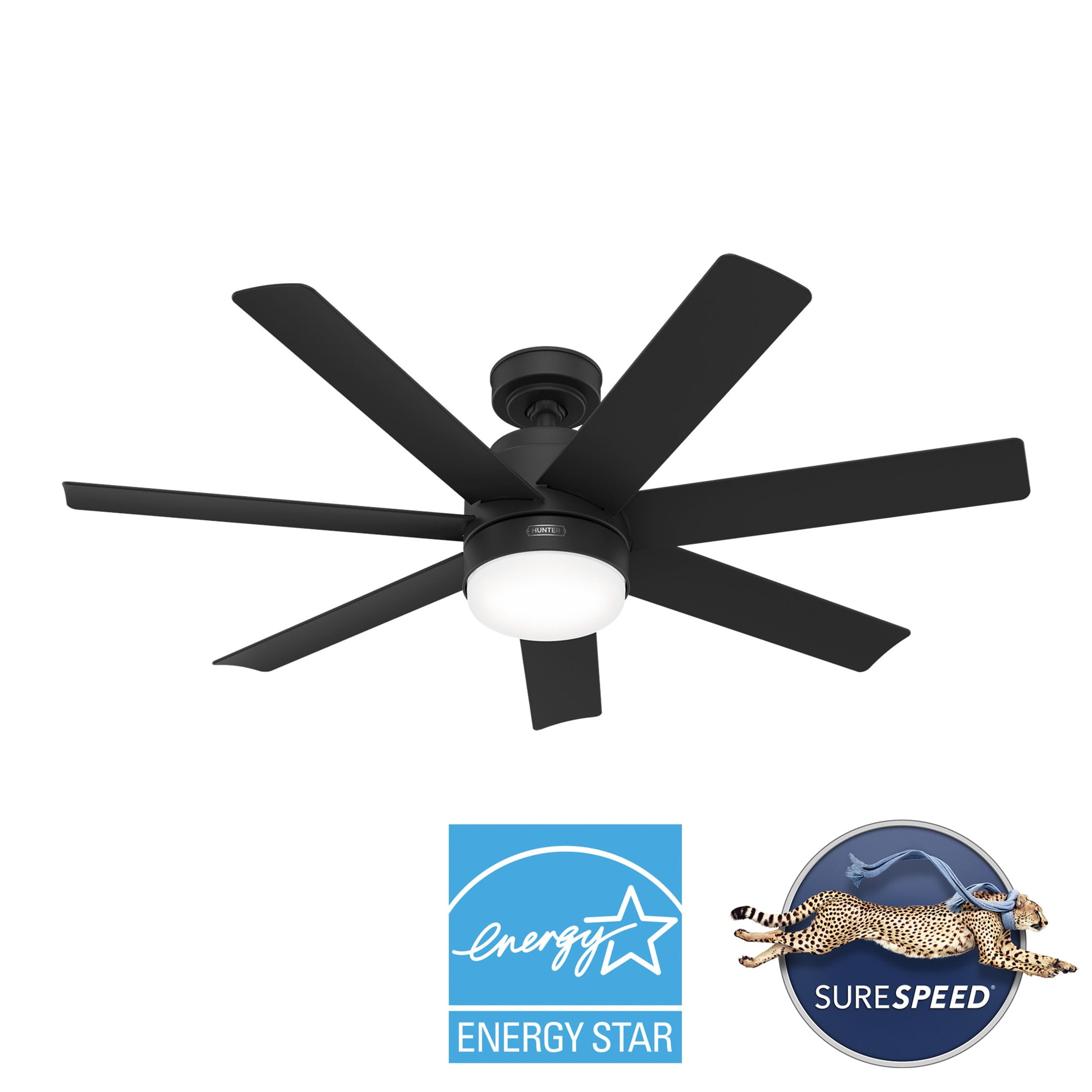 Hunter - Brazos Indoor/Outdoor Ceiling Fan With Light, Remote, 52-inch, Matte Black, Casual-style, 6-speed, Energy Star, 51535, for Porches, Bathrooms