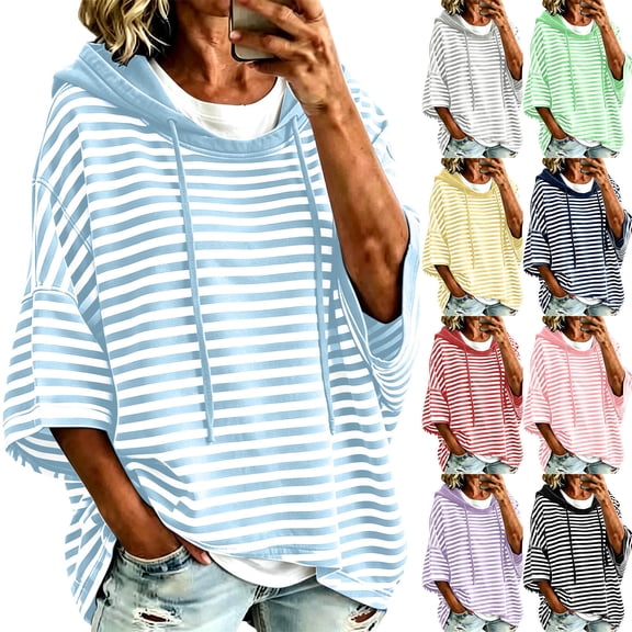 Oversized Stripes Hoodies for Women Batwing Short Sleeve Crewneck Hooded Drawstring Sweatshirts Spring Fall (XL, Sky Blue)