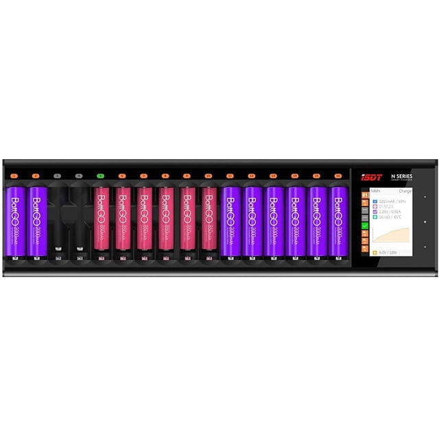 N16 - Cargador de batería igente con 16 ranuras - Cargador de batería rápido universal con dcarga y visualización LCD para baterías recargabl AA AAA Li-lon, LiHv, NiMH, NiCd, HiFe, NiZn