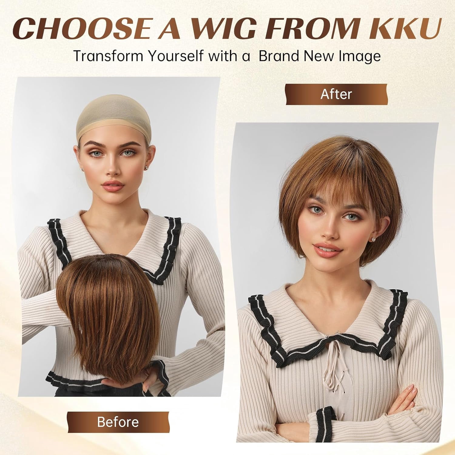 DOPI 10 Inch Brown Mixed Blonde Wigs Human Hair for Women, Remy Human Hair Wigs, Human Hair Wigs with Bangs