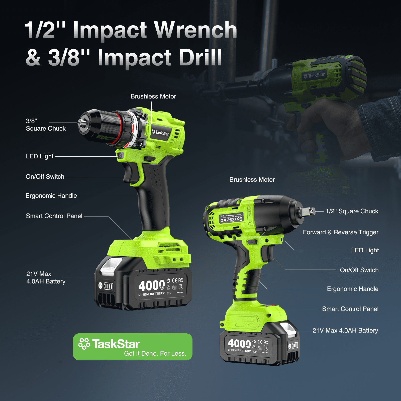 2-Tool Combo Kit: 1/2" Brushless Impact Wrench (800Nm) & 3/8" Brushless Drill Driver (80Nm) with 2×4000mAh Batteries