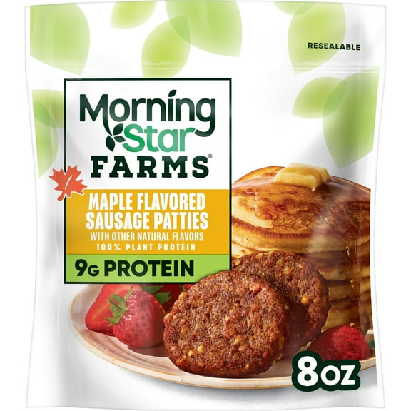 MorningStar Farms Veggie Breakfast Vegan Maple Flavored Plant Based Sausage Patties, 8 oz, 6 Count Bag