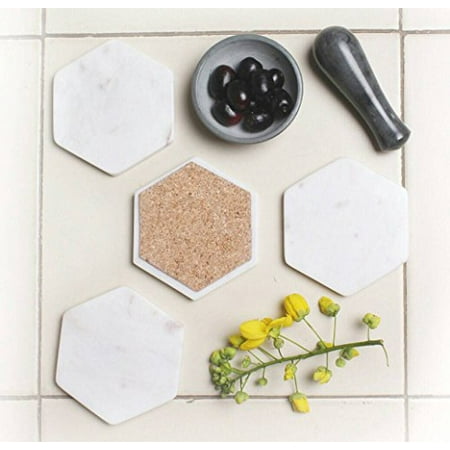 

White Marble Coasters Set of 4 Stone Coaster Pattern Hexagon For Home Bar Drinks Housewarming Gifts
