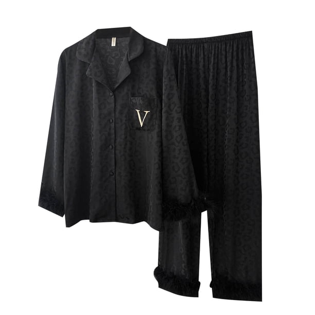 Gibobby Pijama de dos piezas para mujer Pijamas de seda de hielo con solapa y botones de manga larga con plumas sexis para mujer, traje de dos piezas para el(Negro,XL)