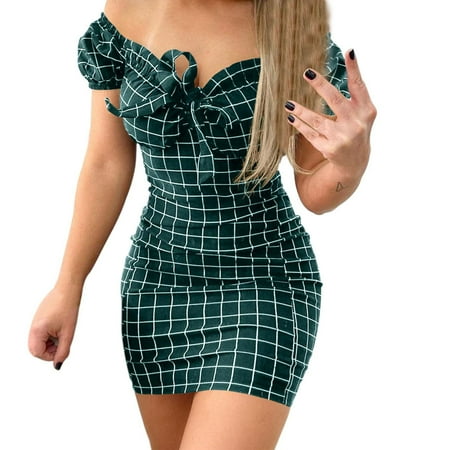 Mnyotv Dress Summer Women s Plaid Print Skirt Dress With Loose Shoulder Sexy Bag Bodycon Fashionable Casual Comfortable Mini Dresses Green 2XL