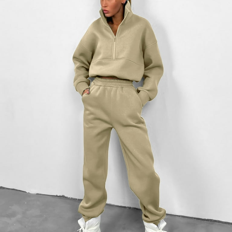 Womens Two Piece Tracksuit Casual Long Sleeve Zip Up Pullover