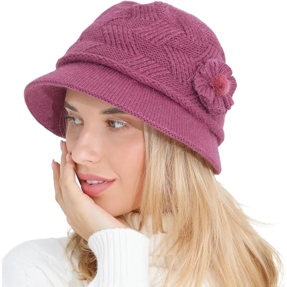 YooGuoGuo Wool Knit Bucket Hat for Women Vintage Elegant Floral Cloche Fleece Lined Warm Winter Caps for Cold Weather Gift